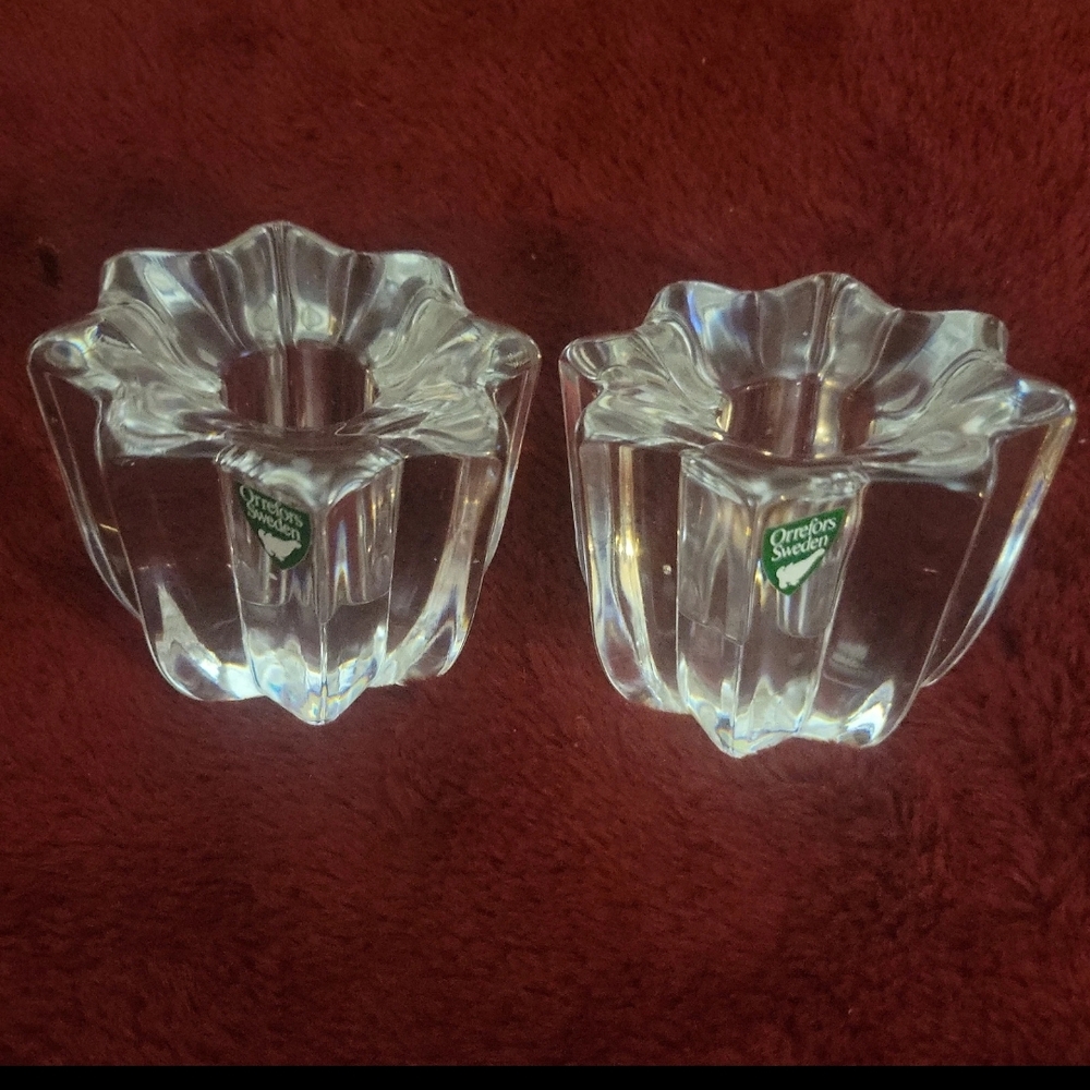Vtg 2~Orrefors Sweden Flower-Shaped‎ Crystal Candlestick Holder Artistic Luxury